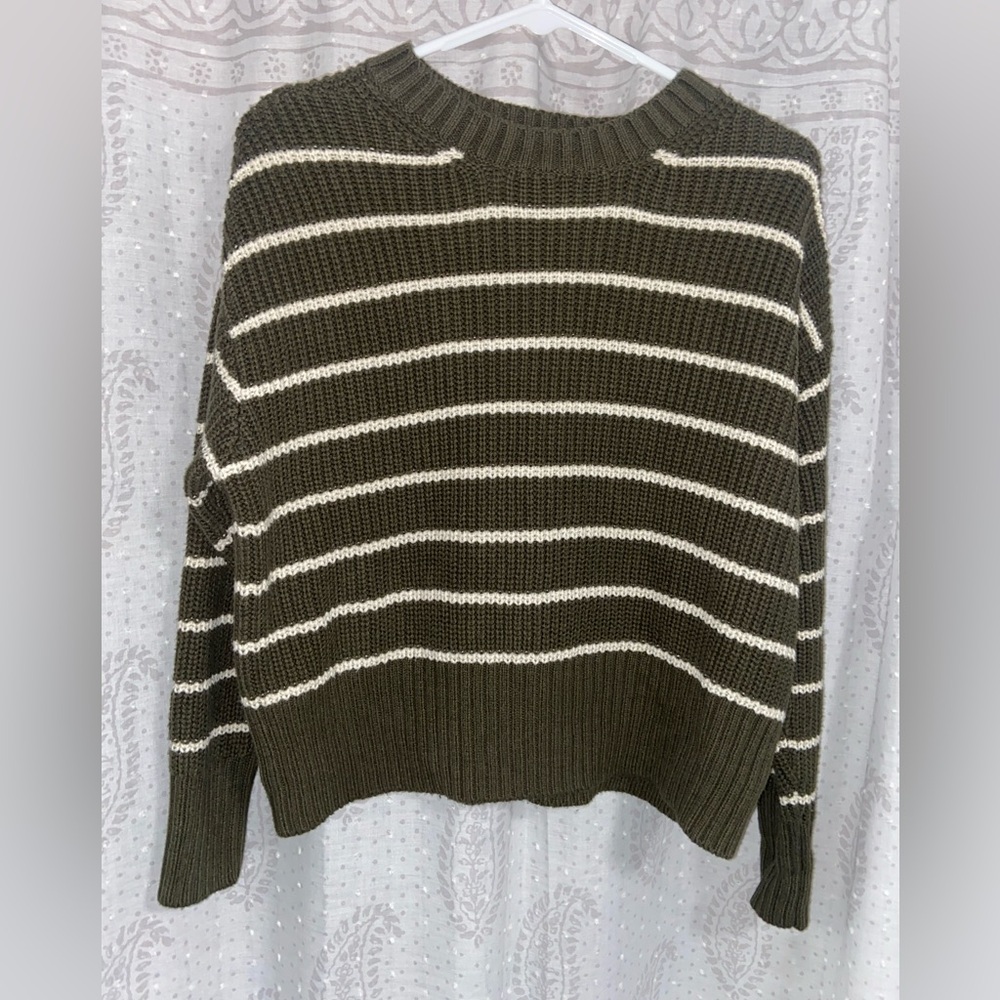 a.n.a Olive and Cream Striped Sweater Womens Petite Medium